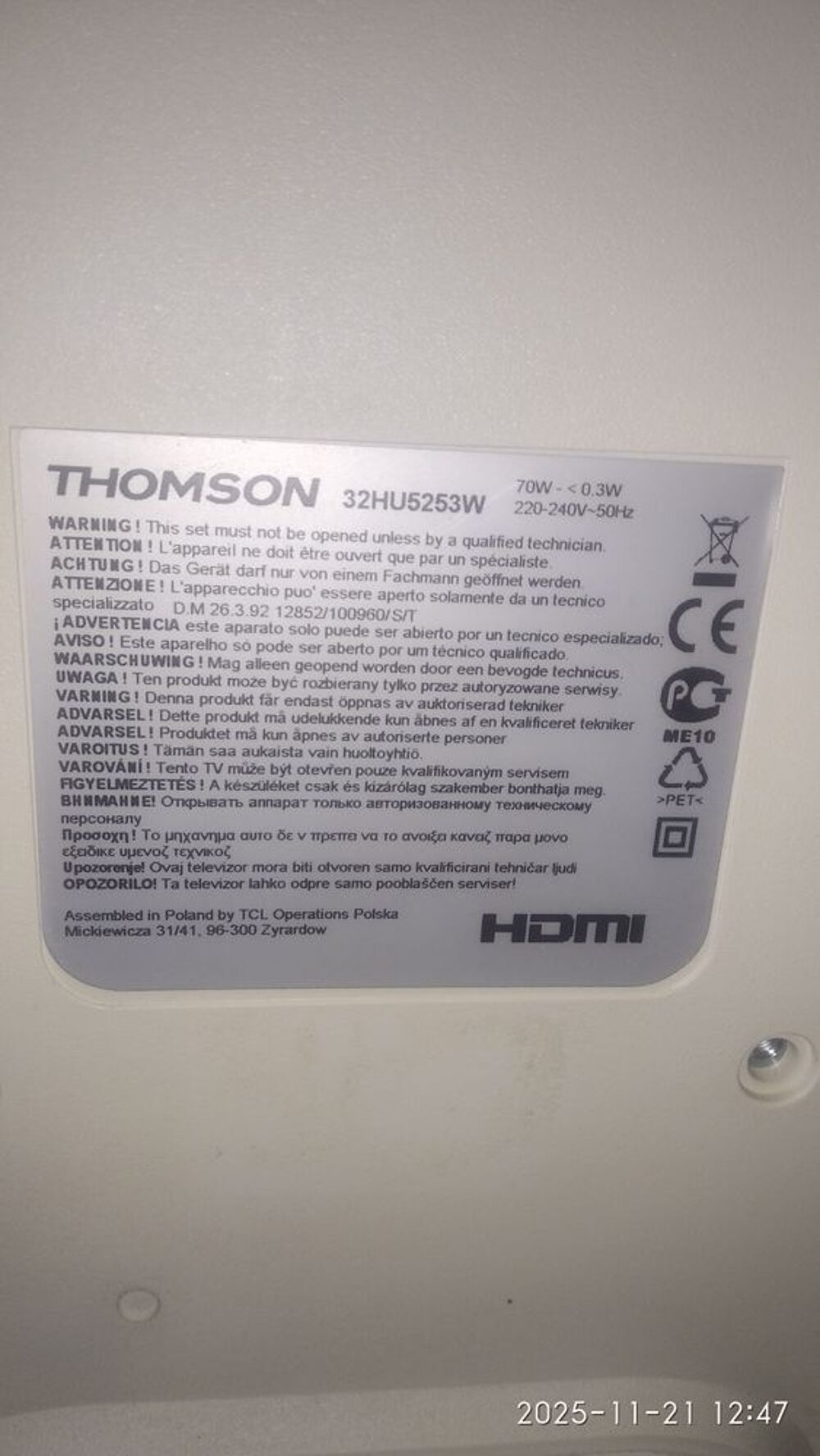 TV Thomson 32HU5253W Photos/Video/TV
