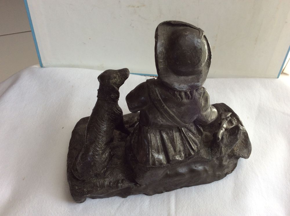 Statuette ancienne &eacute;tain plomb moul&eacute; soldat mutil&eacute; et chien Décoration