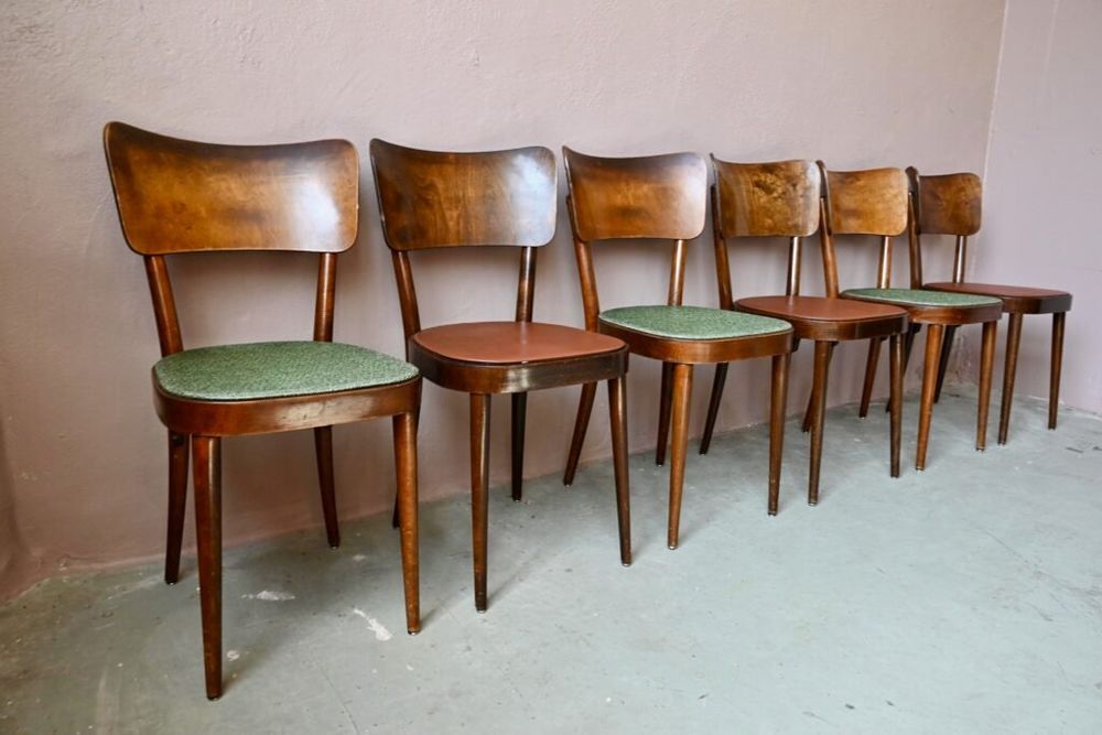 Lot de 6 chaises bistrot sign&eacute;es Baumann en h&ecirc;tre et ska&iuml; Meubles