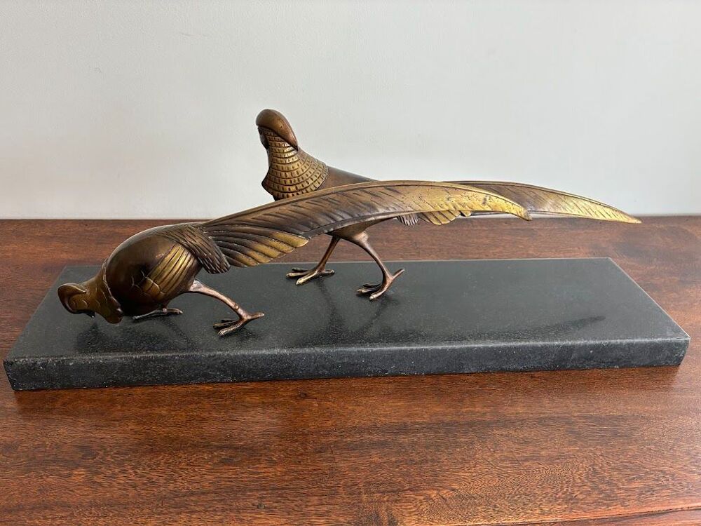 Sculpture en Bronze 2 faisans dor&eacute;s Art D&eacute;co Lorino Décoration
