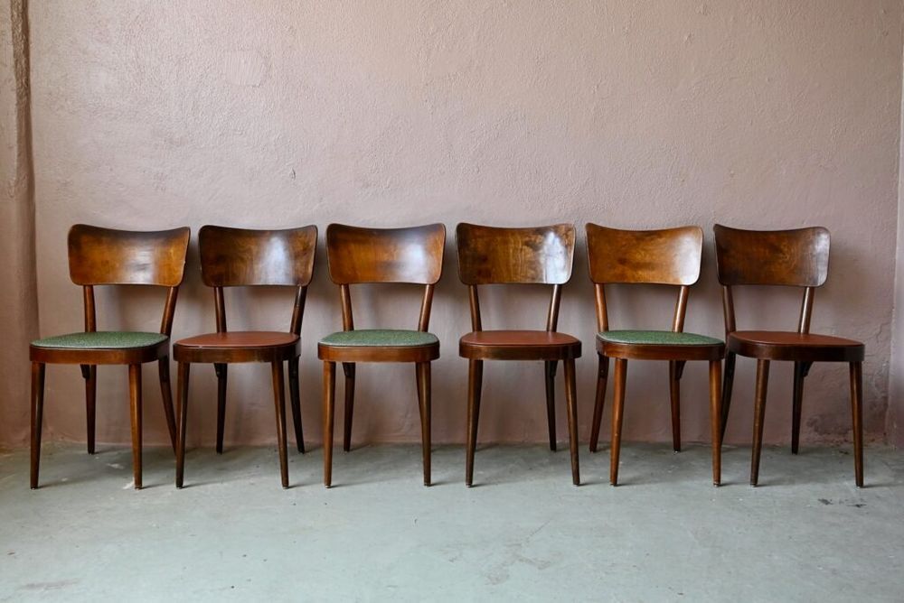 Lot de 6 chaises bistrot sign&eacute;es Baumann en h&ecirc;tre et ska&iuml; Meubles