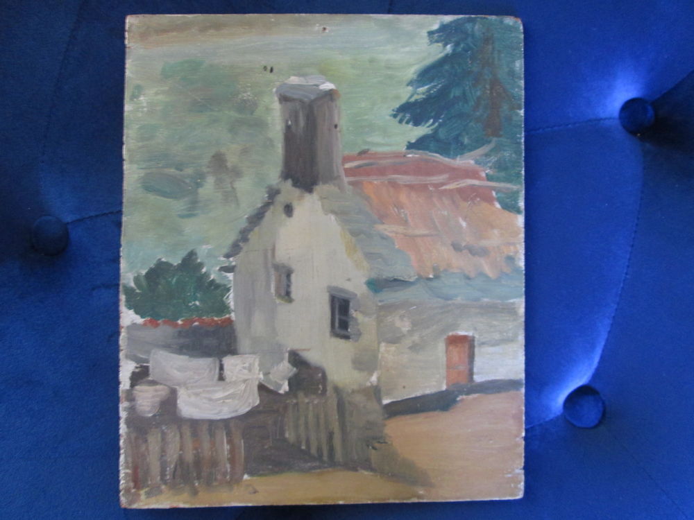 Tableau huile sur bois repr&eacute;sentant une maison Décoration