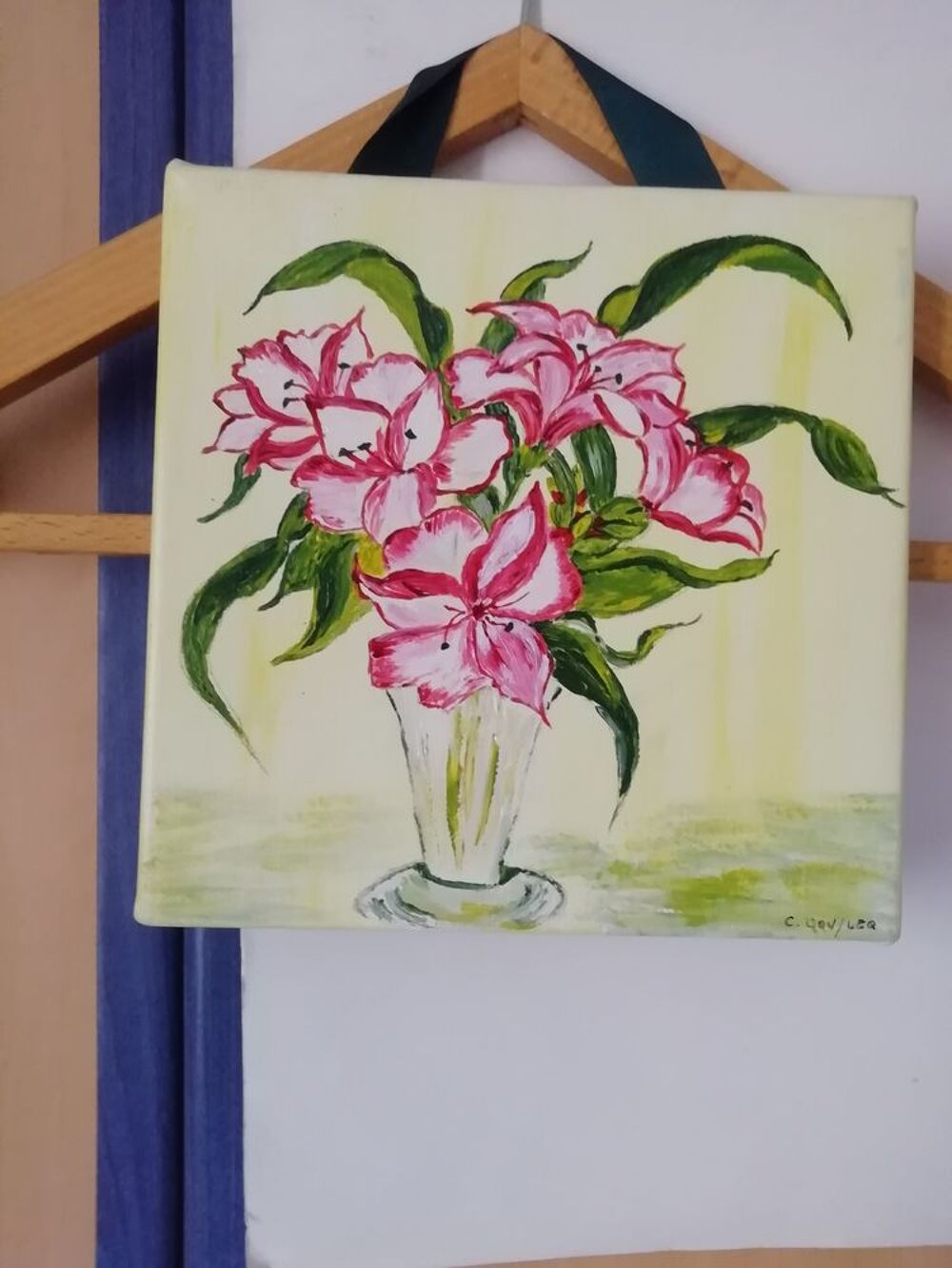 Toile bouquet de fleurs peint &agrave; la main 20x20 excellent &eacute;tat Décoration