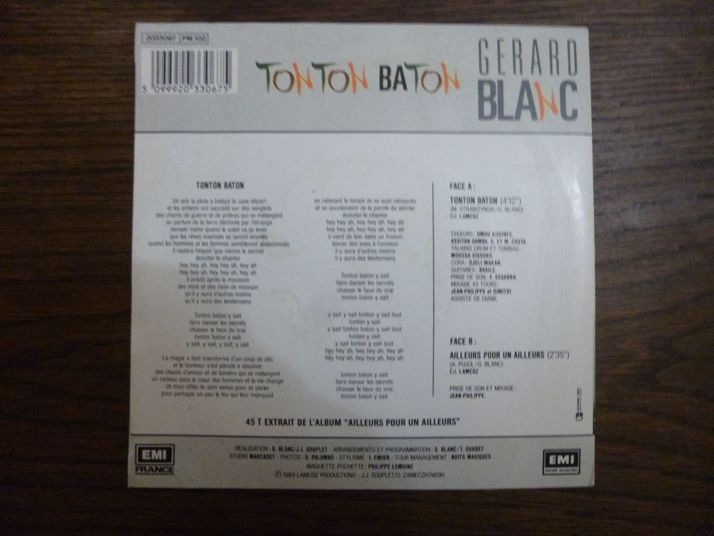 45 TOURS--GERARD BLANC--TONTON BATON--1989 CD et vinyles