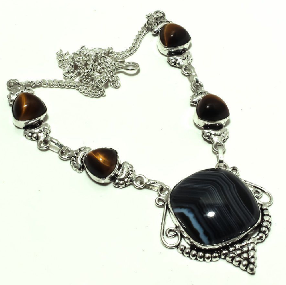 Collier AGATE DU BOTSWANA et OEIL DE TIGRE, PL Argent 925 Bijoux et montres