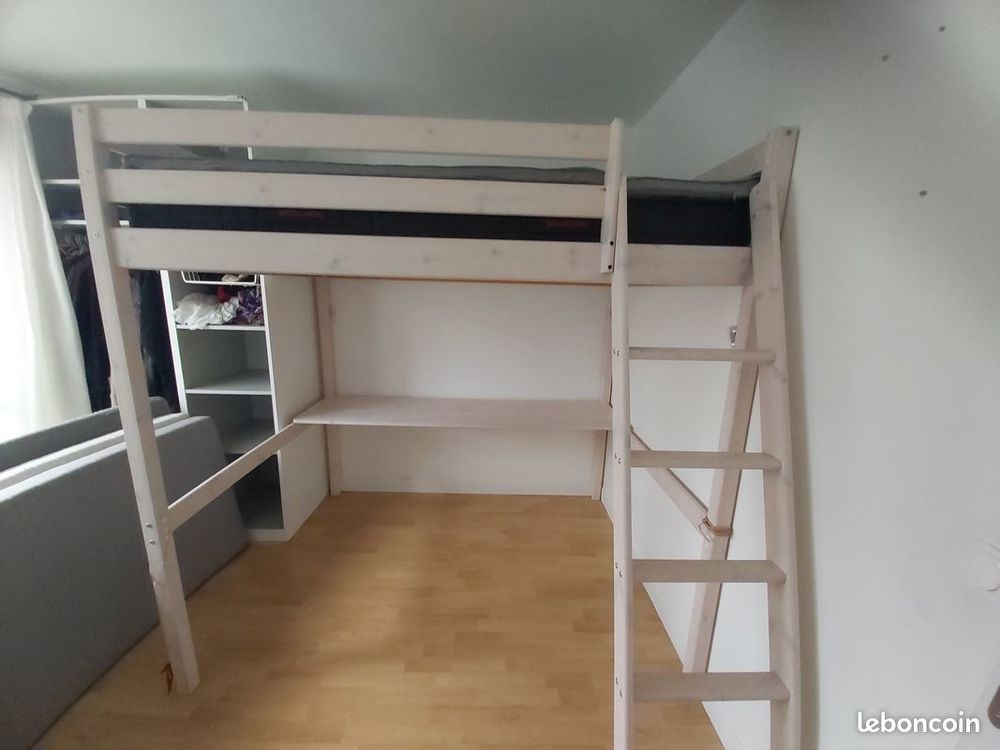 Lit Mezzanine 140 bois c&eacute;rus&eacute; blanc Meubles