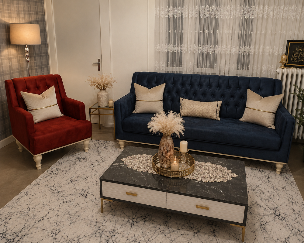 Ensemble salon capitonn&eacute; bleu et rouge Meubles