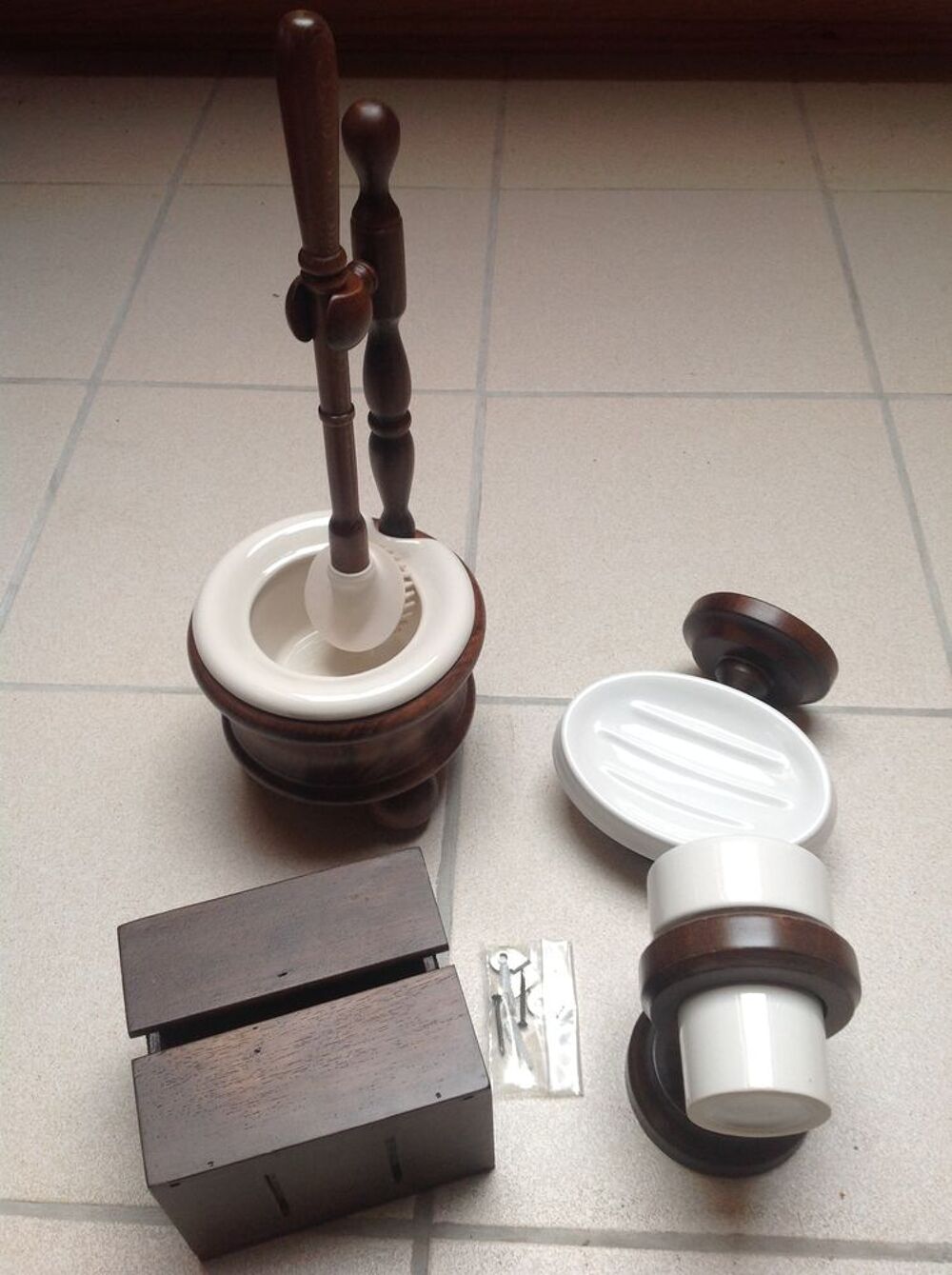 ENSEMBLE ACCESSOIRES SALLE DE BAIN BOIS et FAIENCE Envoi Pos Décoration