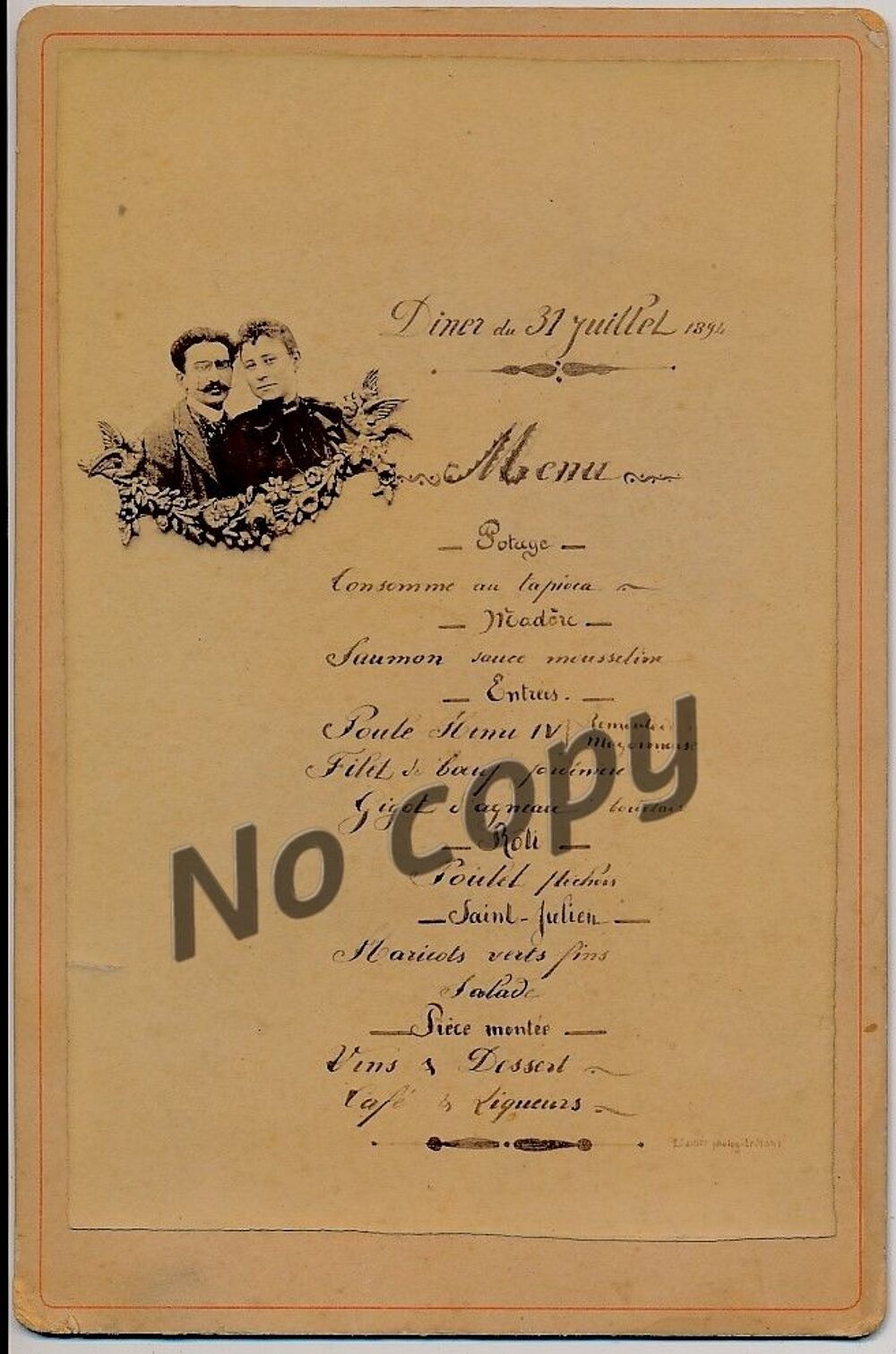 Photographie Cartier Le Mans, Menu Diner du 31 Juillet 1894 