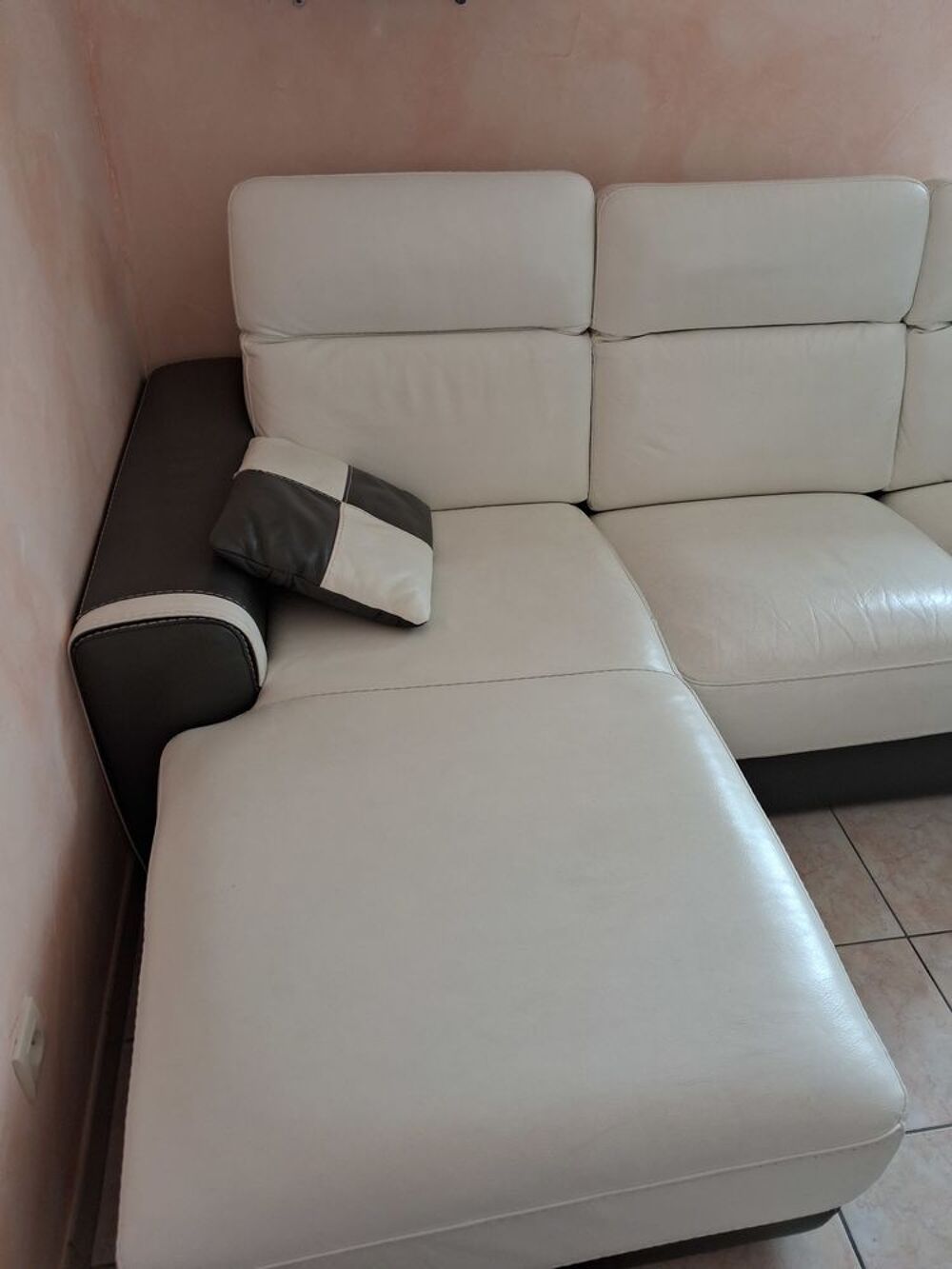 canap&eacute; avec m&eacute;ridienne en pur cuir vachette + coussins Meubles