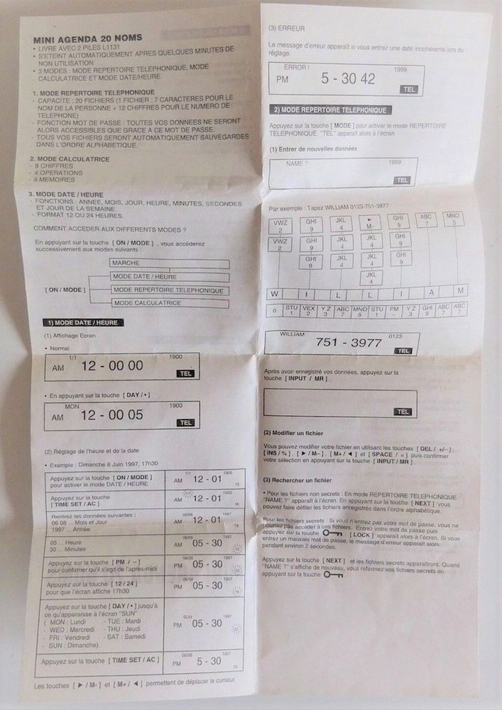 Calculatrice/ Mini Agenda 20 Noms/ Date Heure Noir- Neuf Décoration