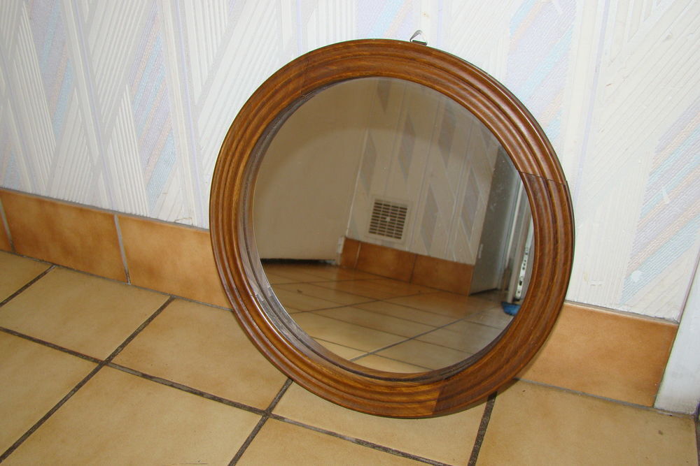 Miroir rond en bois vintage - ann&eacute;es 1980 Décoration