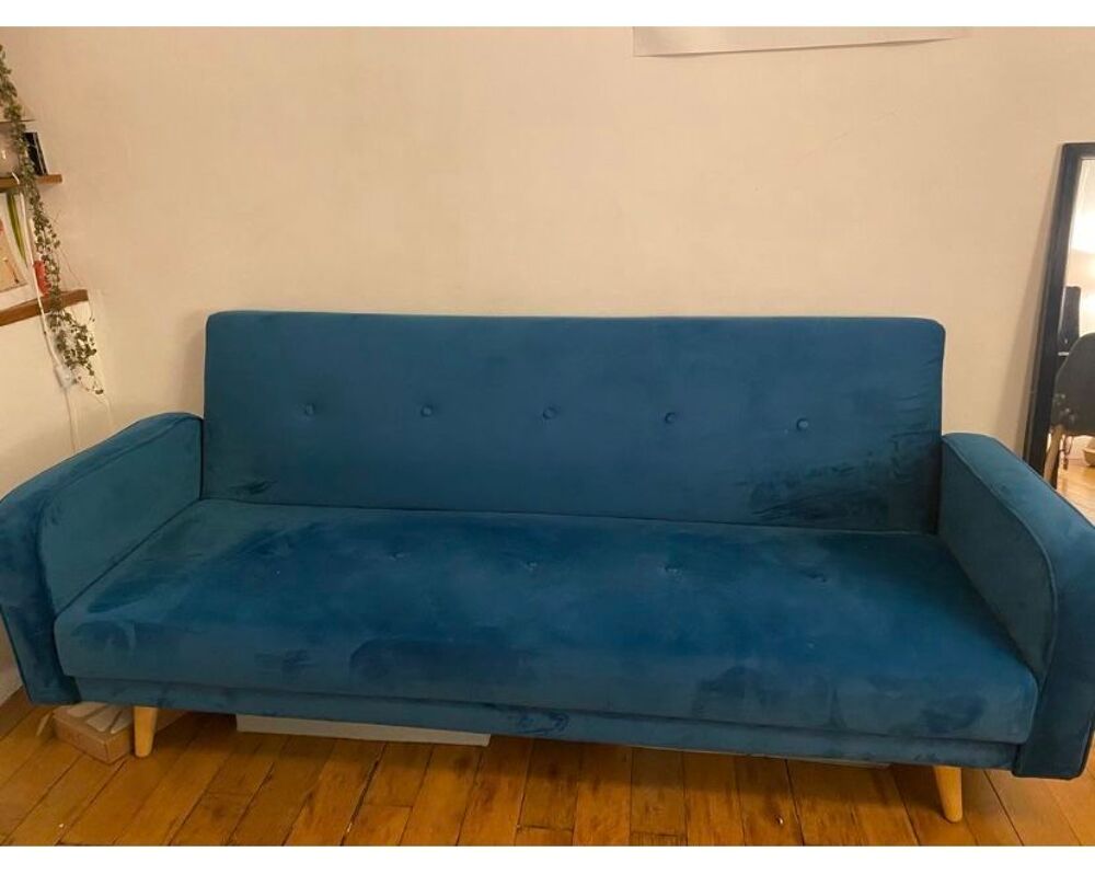 Canap&eacute; clic-clac 4 places en velour bleu p&eacute;trole Meubles