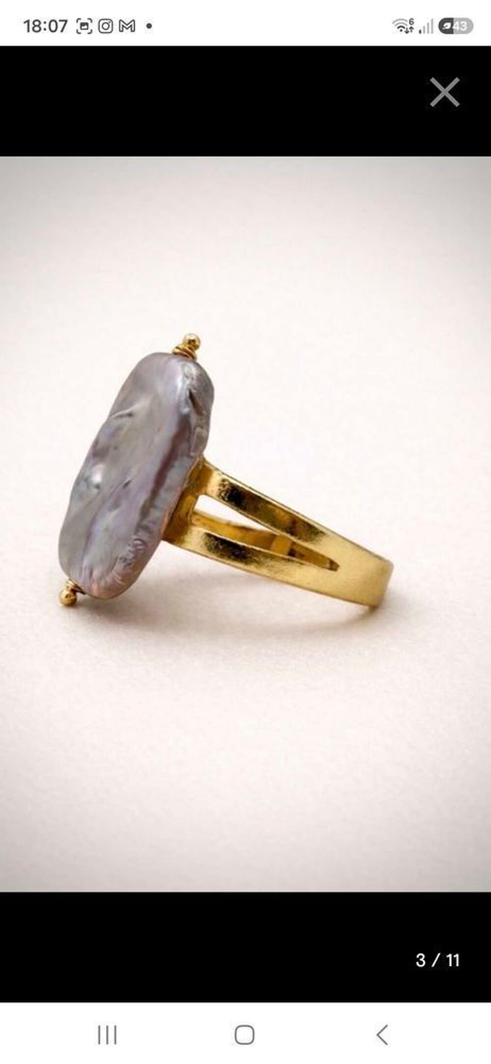 bague baroque perle et argent sterling 925 plaqu&eacute; or 21k Bijoux et montres