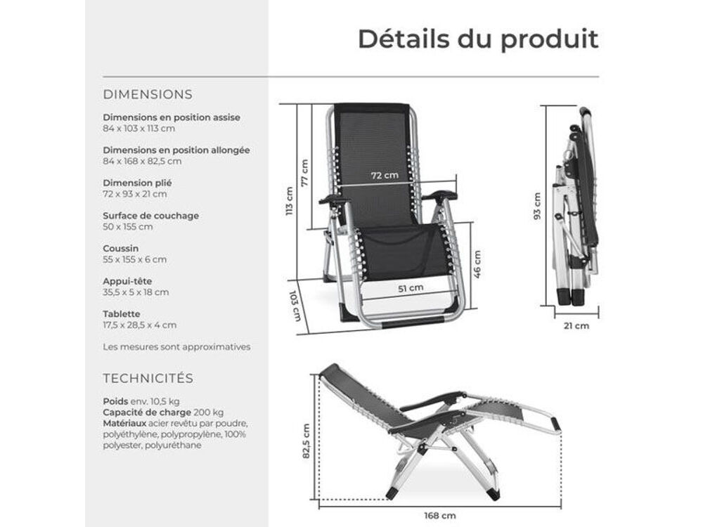 Lot de 2 x Chaises longues pliables rembourr&eacute;es avec tablett Jardin