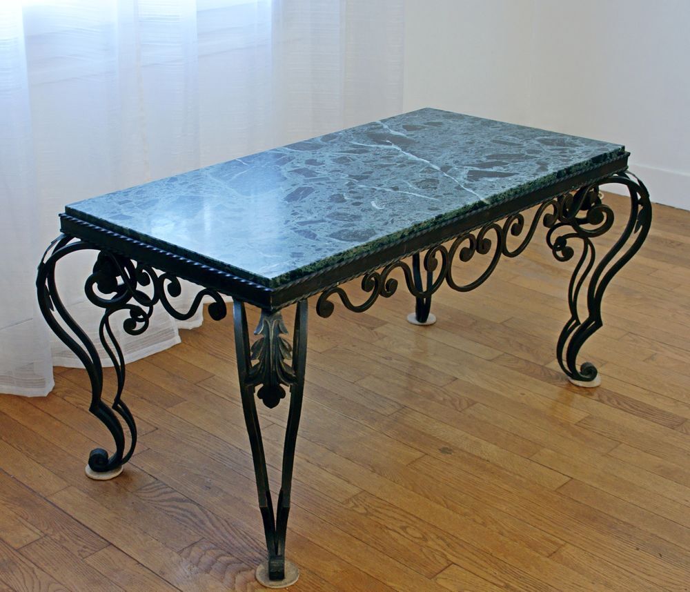 Table basse en fer forg&eacute; et marbre vert 118 x 65cm Meubles
