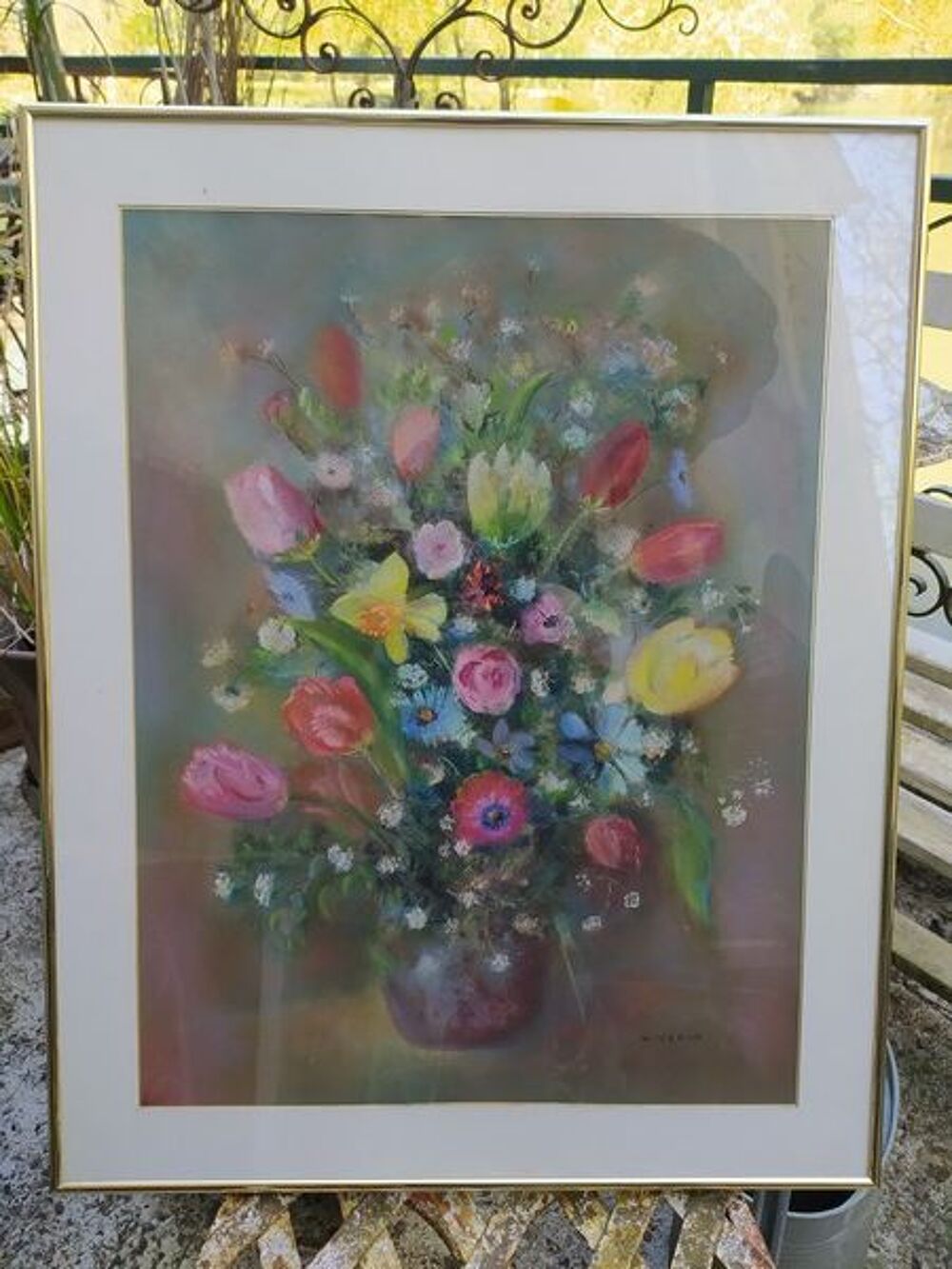 Tableau Pastel Bouquet de Fleurs Sign&eacute; Veron
