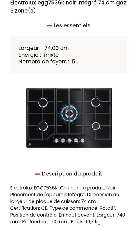 Plaque de cuisson gaz Electrolux 200 Wattrelos (59)
