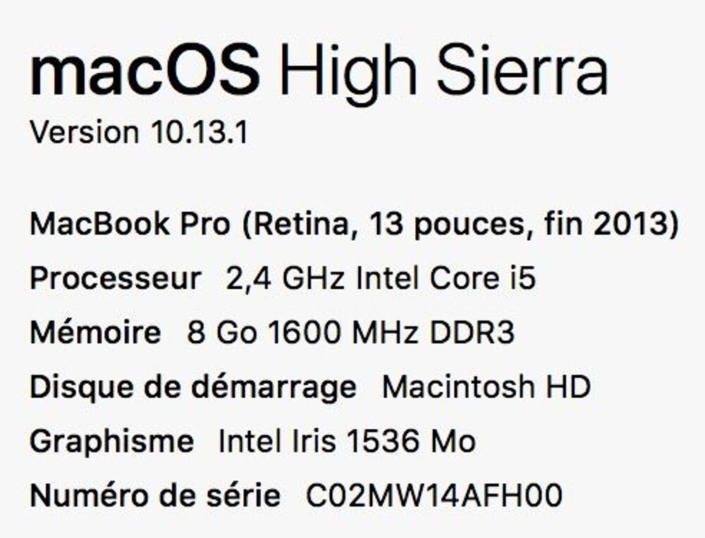 Macbook Pro (Retina, 13 pouces, fin 2013) Matériel informatique