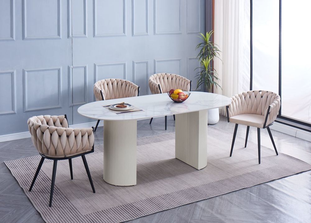 Table &agrave; manger ANNA plateau en c&eacute;ramique marbr&eacute; blanc L 180 cm Meubles