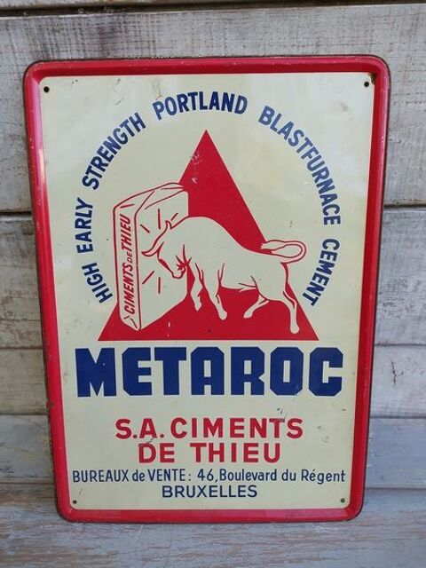 Plaque Tôle Publicitaire Metaroc Ciment Thieu Bruxelles 1956 1 Loches (37)