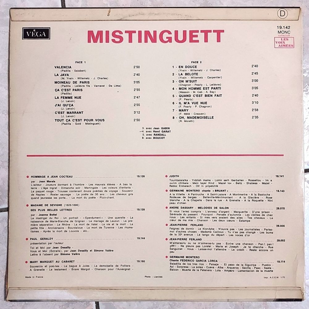 MISTINGUETT -33t- VALENCIA - &Ccedil;A C'EST PARIS -LA BELOTE- BIEM CD et vinyles