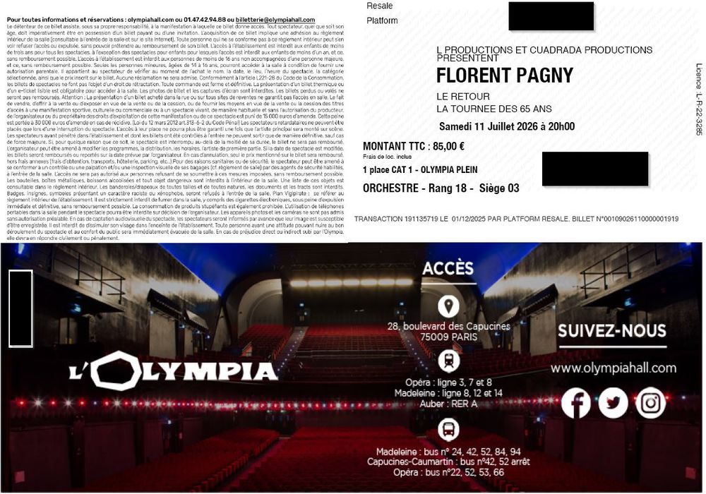 Billets concert Florent PAGNY &agrave; l'Olympia Billetterie