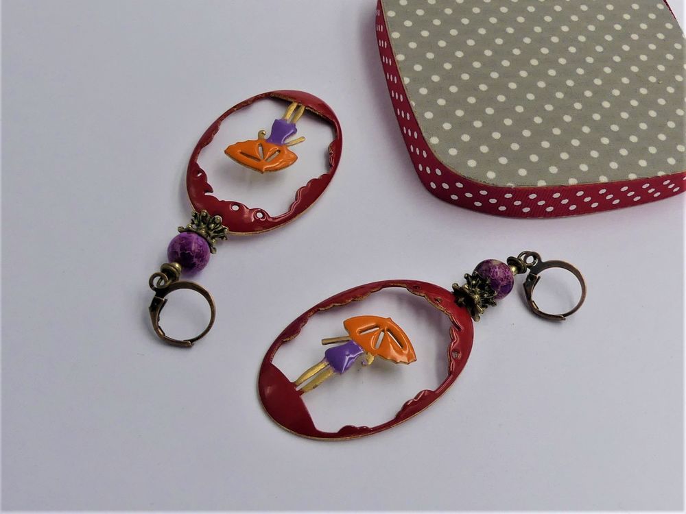 Boucles d'oreilles cuivre &eacute;maill&eacute;, perles jaspe s&eacute;diment Bijoux et montres