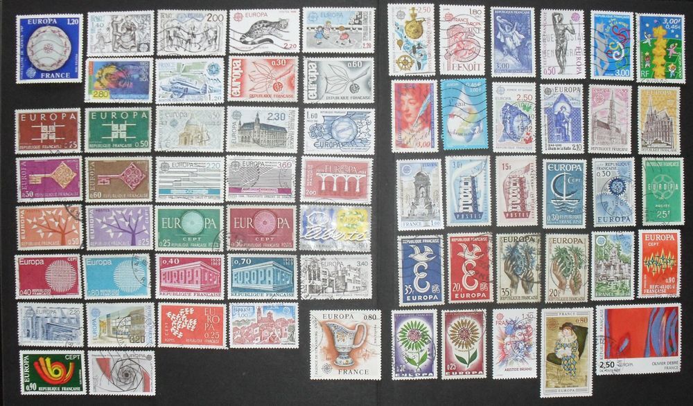 Lot de 65 timbres oblit&eacute;r&eacute;s EUROPA de France. 