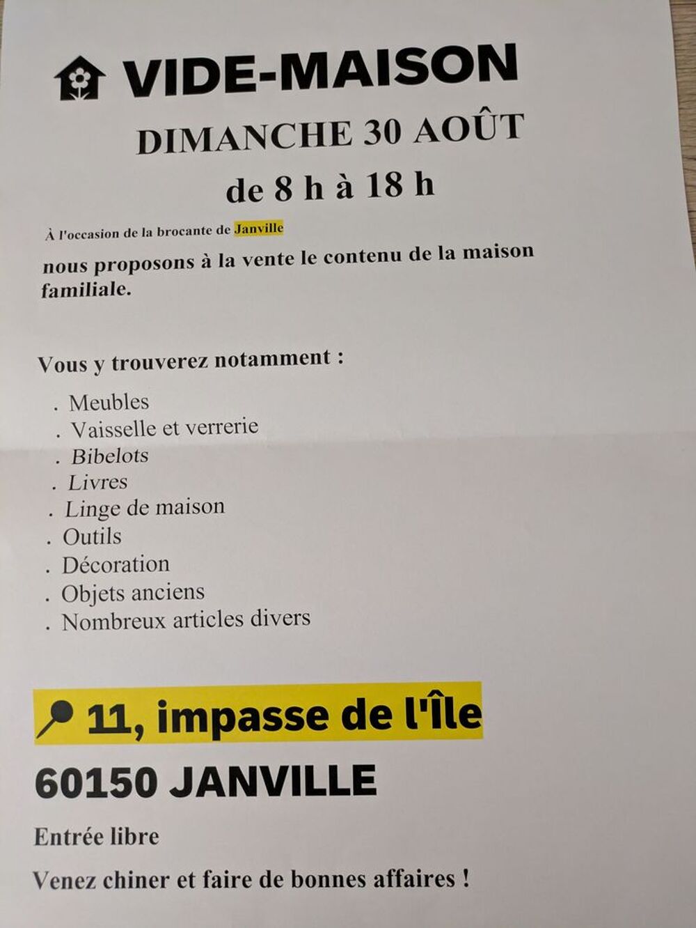 vide maison &agrave; Janville 
11impasse de l &icirc;le le 30 ao&ucirc;t 2026 Vide grenier, marché aux puces, braderie