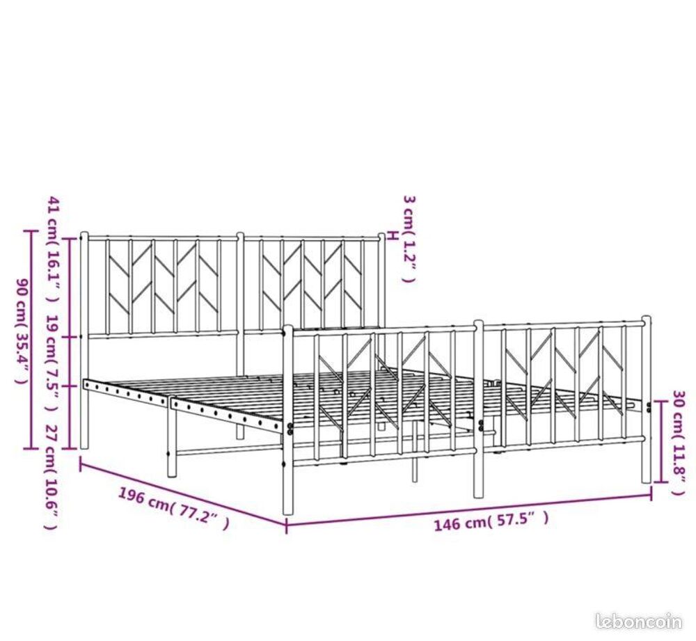 Cadre de lit m&eacute;tal blanc 140x190 neuf dans son carton Meubles