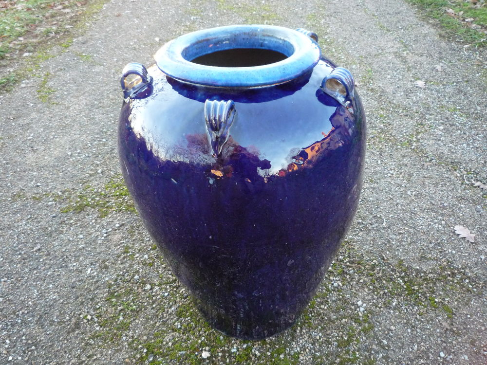 Jarre verniss&eacute;e bleue/poterie/jardin/terrasse/d&eacute;co Jardin