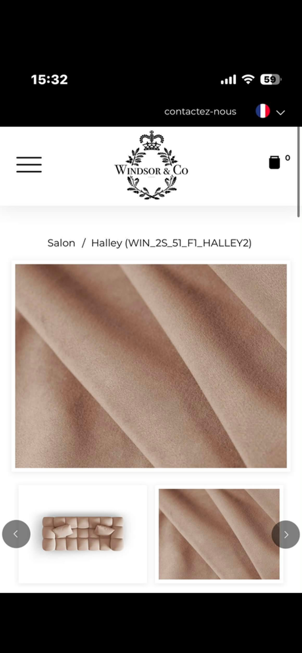Canape Windsor &amp; Co - velours taupe, excellent &eacute;tat Meubles
