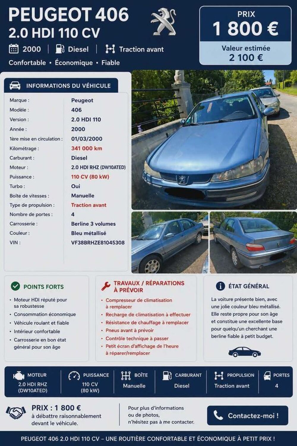 406 2.0 HDi - 110 SV 2000 occasion 80220 Bouttencourt