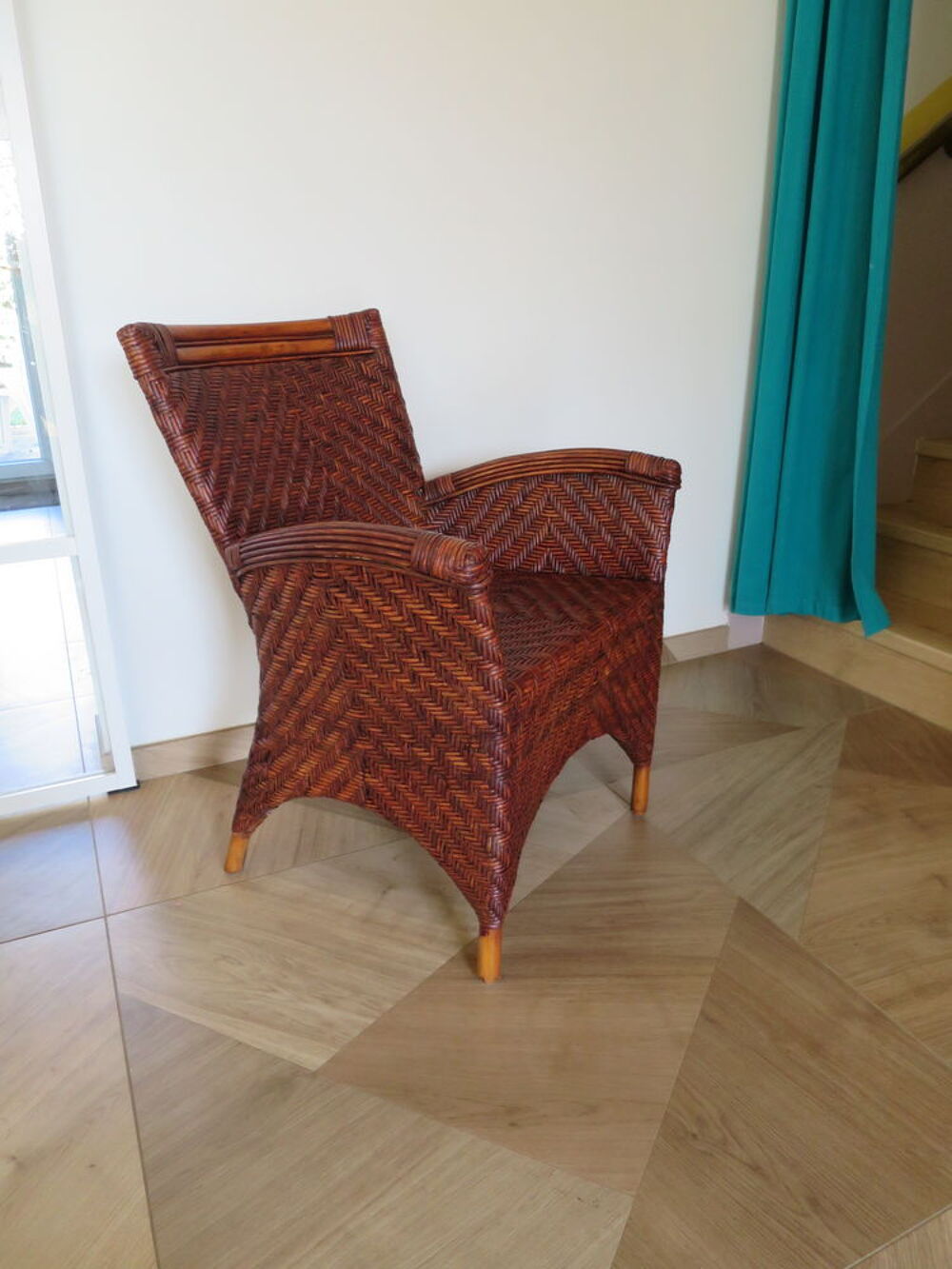 Vintage -Lot de 2 fauteuils en rotin tress&eacute; -coussins Meubles