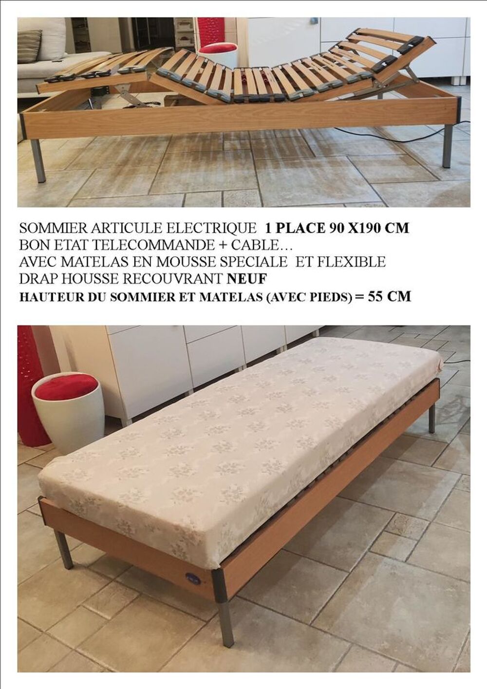 ENSEMBLE SOMMIER ET MATELAS 1 PLACE MOTORISE ELECTRIQUE Meubles