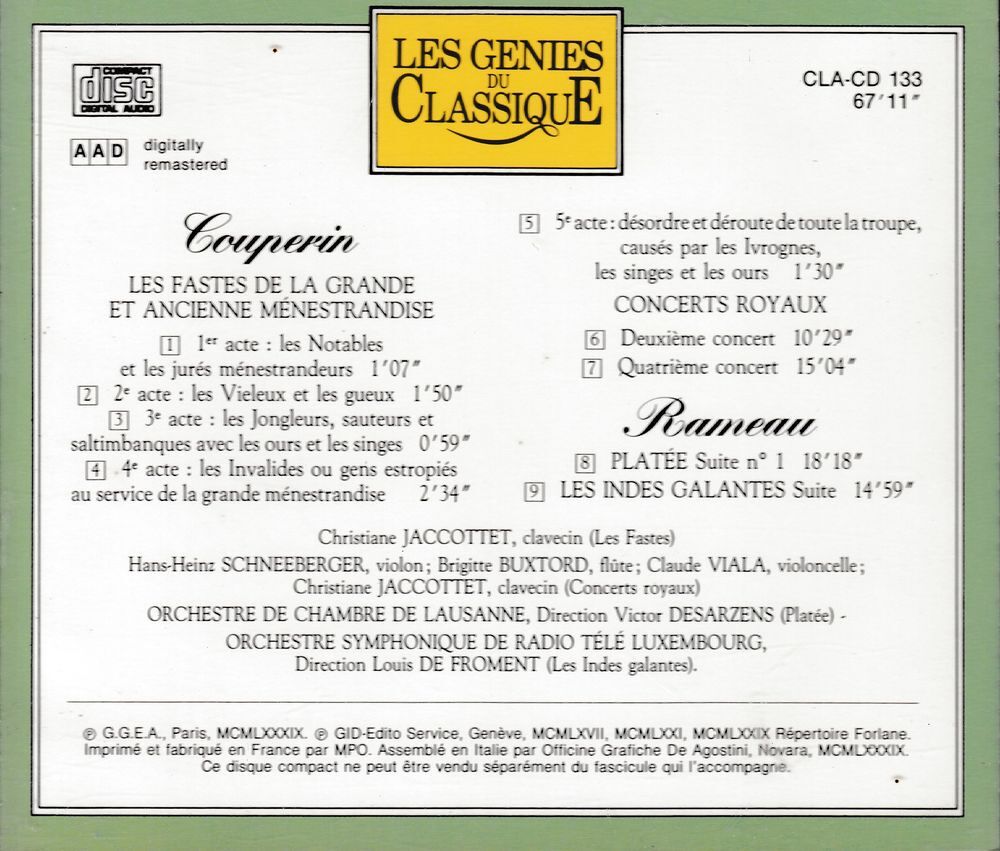 CD Couperin Rameau Concerts Royaux, Indes Galantes, Plat&eacute;e CD et vinyles