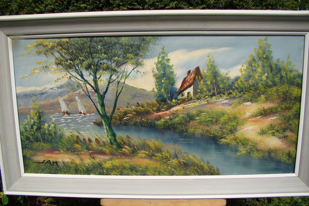 Tableau huile sur toile sign&eacute;e "La maison au bord du lac " Décoration
