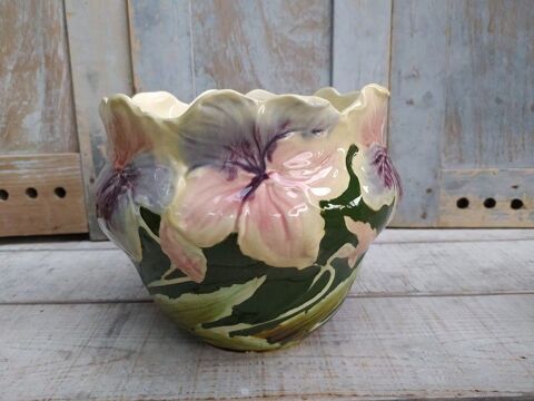 Ancien Cache Pot Fa�ence Barbotine D�cor Fleur Art Nouveau 
80 Loches (37)