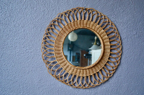 Miroir rond en rotin vintage et bohme style Franais 75 Wintzenheim (68)