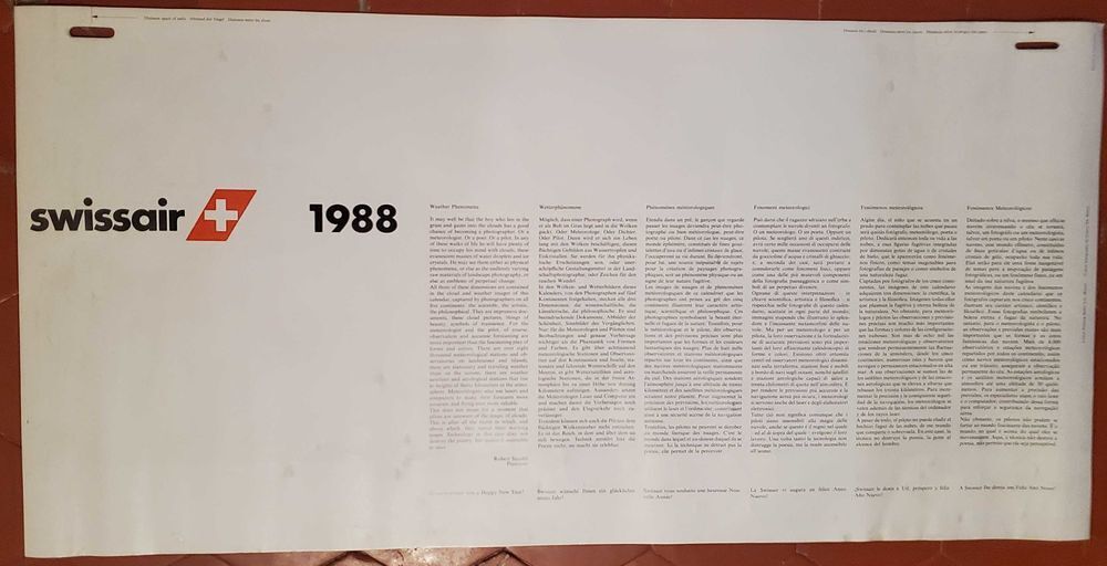 Calendrier Vintage Swissair 1988 - Th&egrave;me M&eacute;t&eacute;o / Nuages - Parfait Etat - Rare 