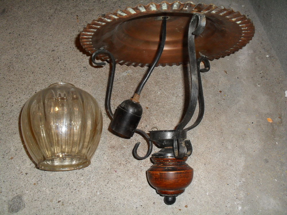 Lampe lanterne suspension luminaire cuivre fer bois verre Décoration