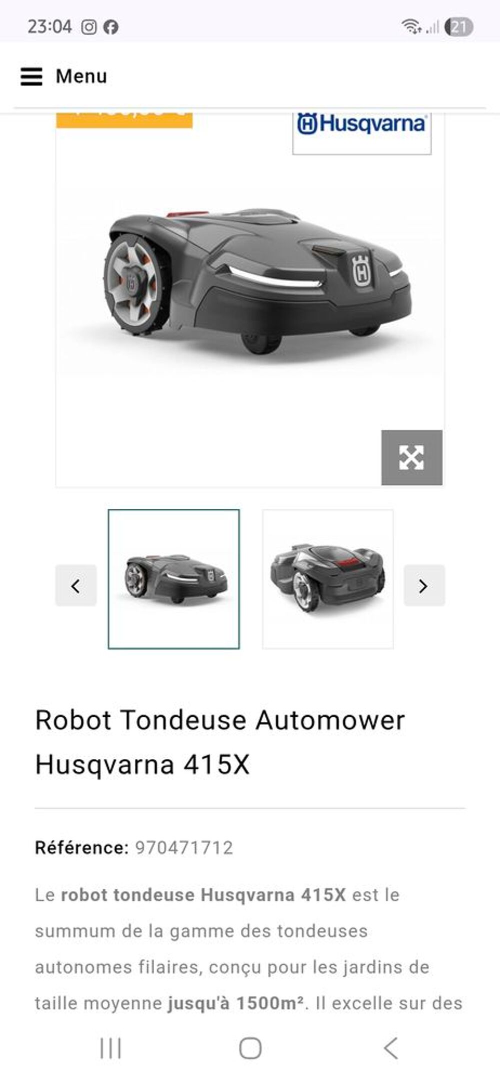 Tondeuse Robot Husqvarna 415X . Tr&egrave;s bon mod&egrave;le. Jardin