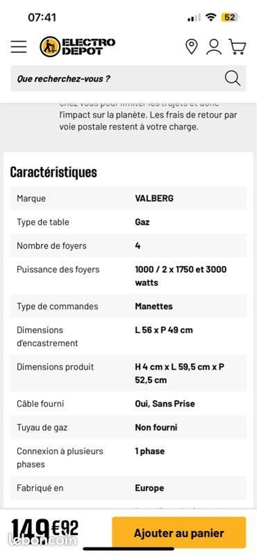 Table cuisson gaz Valberg neuve Electroménager