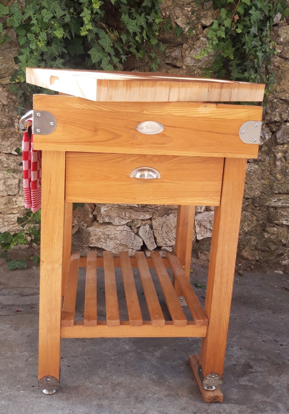 Billot de Boucher en Bois Massif, Marron et Inox "La Boh&ecirc;me" Cuisine