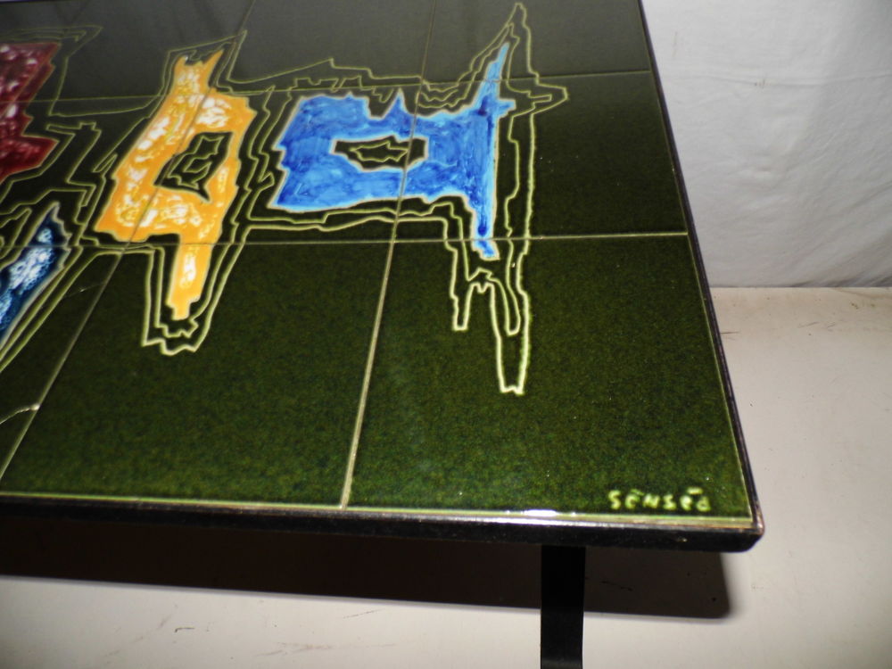 Table basse c&eacute;ramique VALLAURIS multicolore sign&eacute;e Circa vintage d&eacute;cor abstrait Meubles
