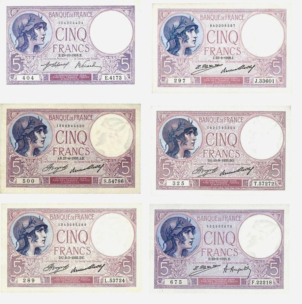 F3 5 f violet lot de 6 billets NEUFS RARE 