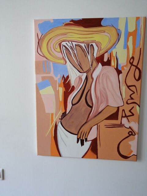PEINTURE A  L HUILE SUR TOILE COTON LA FEMME AU CHAPEAU 120 Anduze (30)