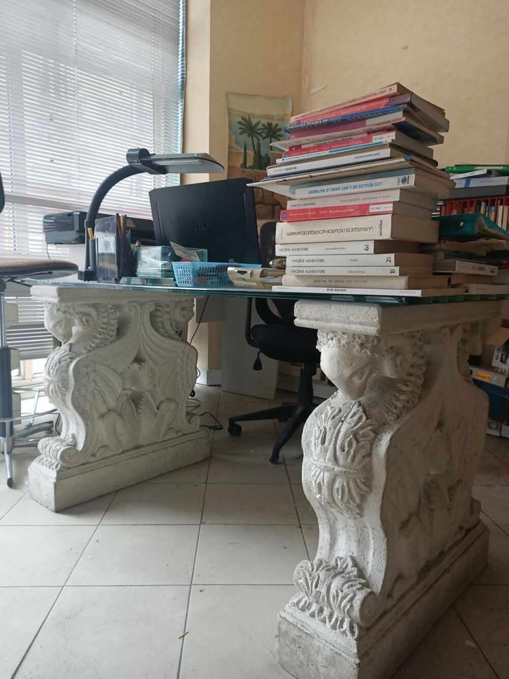 Table verre feuillet&eacute; avec 2 pieds beliers Jardin