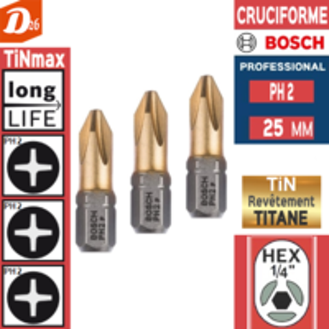   3 embouts de vissage BOSCH PH 2 au NITRURE de TITANE 